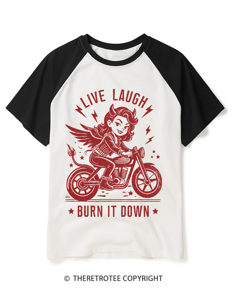 TheRetroTee Womens Live, Laugh, Burn It Down  1970s Raglan Baseball T-Shirt