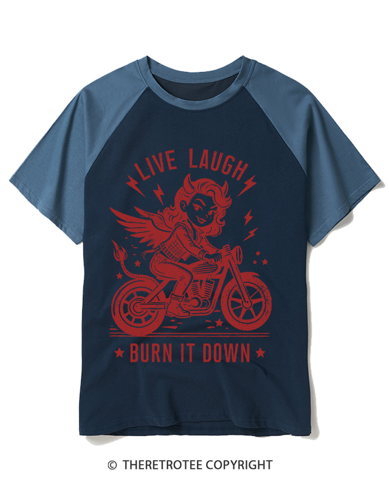 TheRetroTee Womens Live, Laugh, Burn It Down  1970s Raglan Baseball T-Shirt
