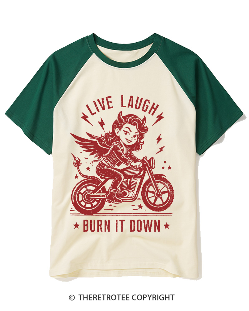 TheRetroTee Womens Live, Laugh, Burn It Down  1970s Raglan Baseball T-Shirt