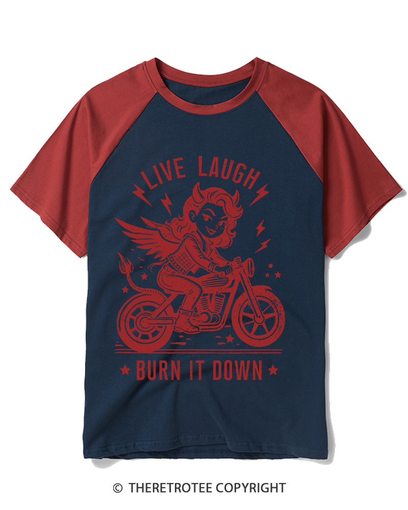 TheRetroTee Womens Live, Laugh, Burn It Down  1970s Raglan Baseball T-Shirt