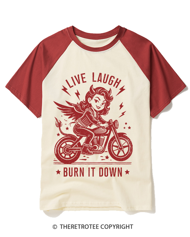 TheRetroTee Womens Live, Laugh, Burn It Down  1970s Raglan Baseball T-Shirt