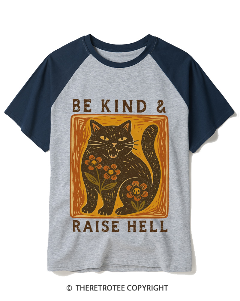 TheRetroTee Be Kind & Raise Hell 1970s Raglan Baseball T-Shirt