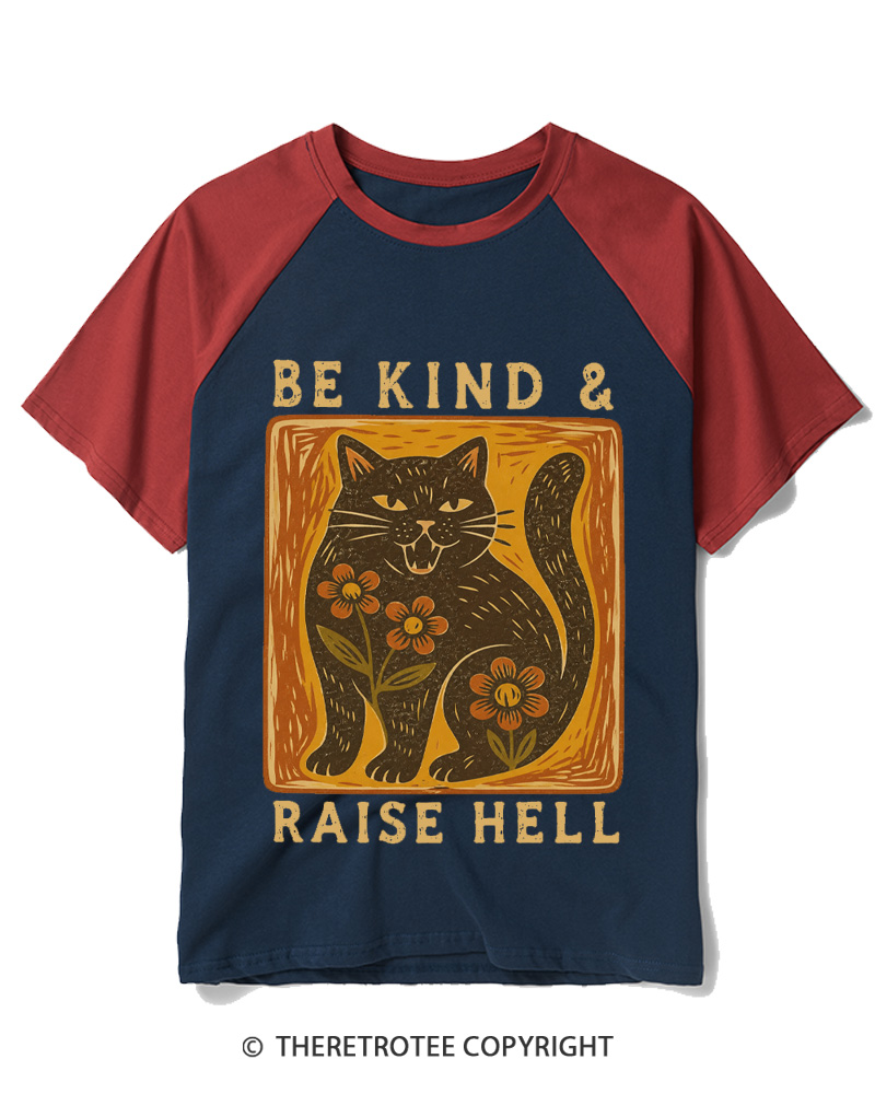 TheRetroTee Be Kind & Raise Hell 1970s Raglan Baseball T-Shirt