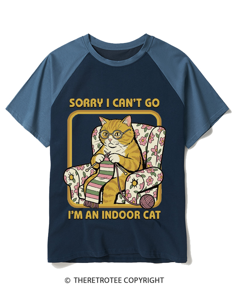TheRetroTee Sorry I Can't Go I'm an Indoor Cat 1970s Raglan Baseball T-Shirt