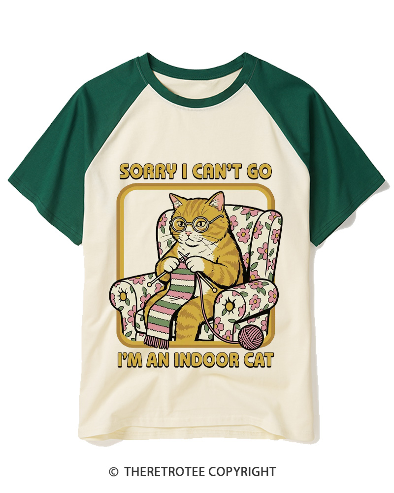 TheRetroTee Sorry I Can't Go I'm an Indoor Cat 1970s Raglan Baseball T-Shirt
