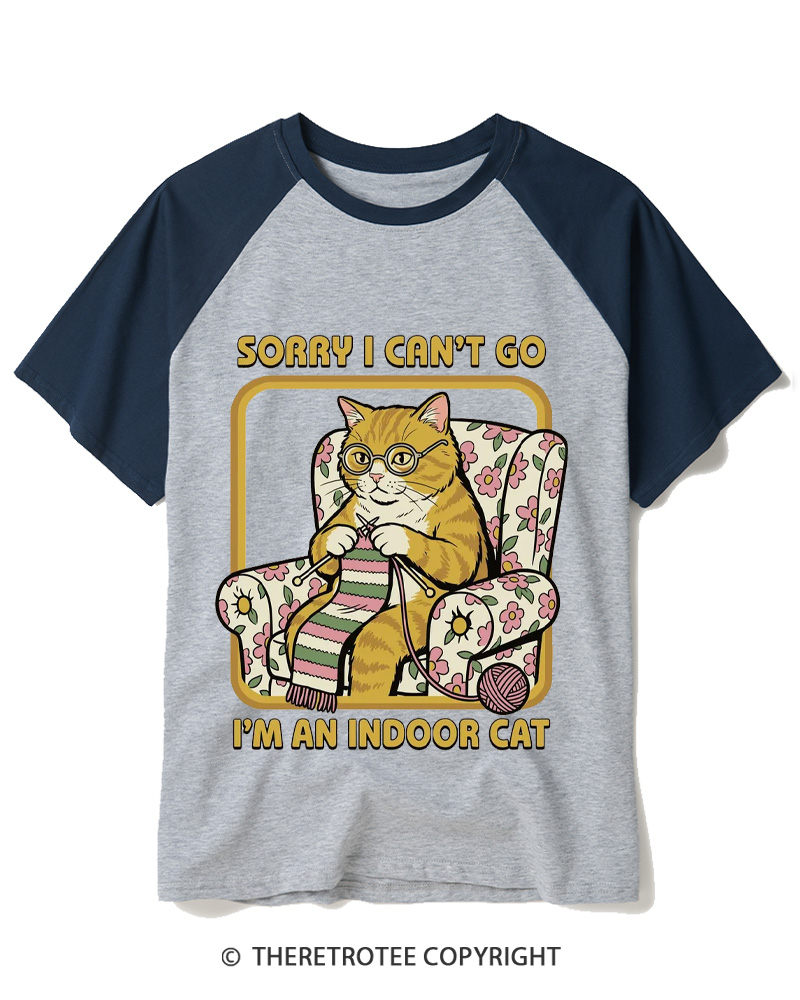 TheRetroTee Sorry I Can't Go I'm an Indoor Cat 1970s Raglan Baseball T-Shirt