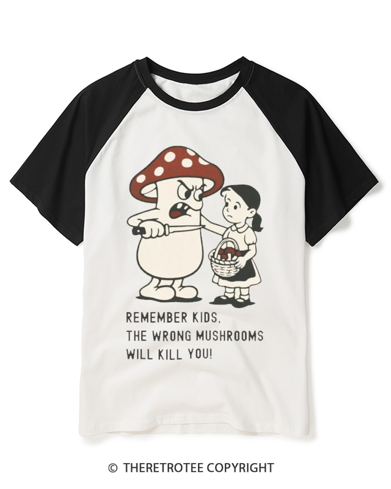 TheRetroTee Wrong Mushrooms Warnin 1970s Raglan Baseball T-Shirt