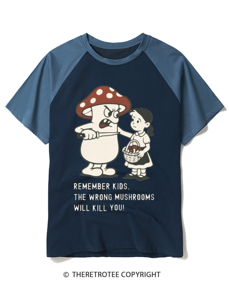 TheRetroTee Wrong Mushrooms Warnin 1970s Raglan Baseball T-Shirt