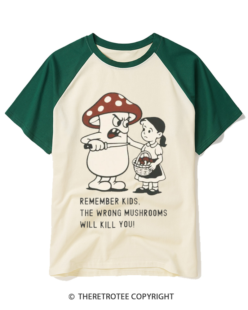 TheRetroTee Wrong Mushrooms Warnin 1970s Raglan Baseball T-Shirt