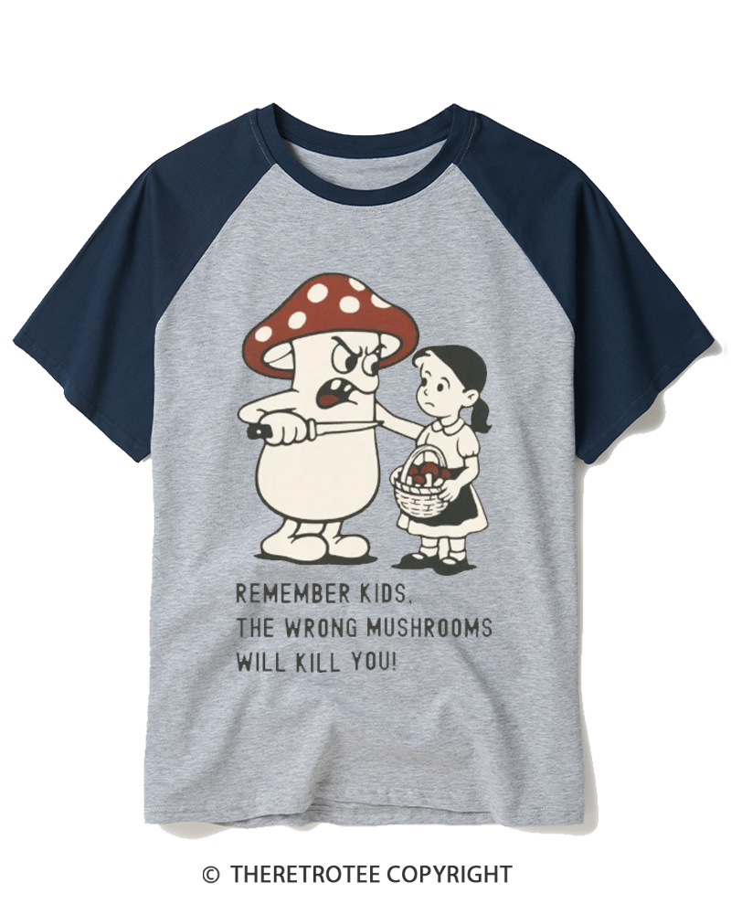 TheRetroTee Wrong Mushrooms Warnin 1970s Raglan Baseball T-Shirt