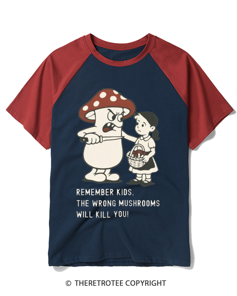 TheRetroTee Wrong Mushrooms Warnin 1970s Raglan Baseball T-Shirt