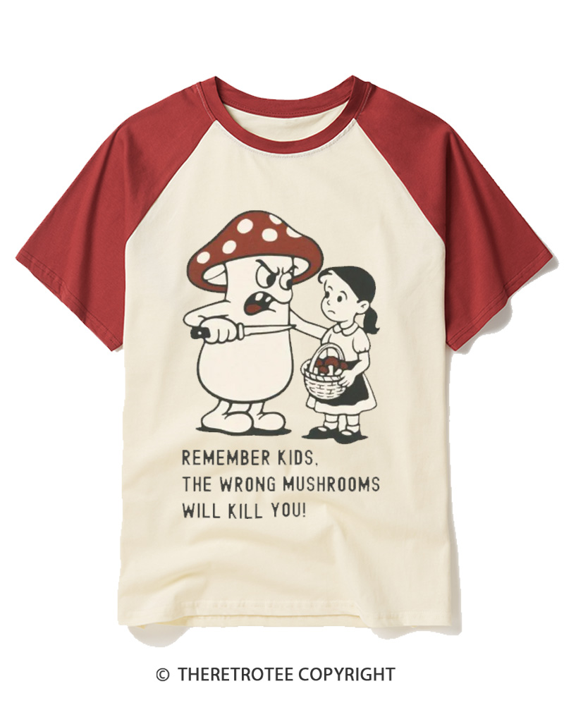 TheRetroTee Wrong Mushrooms Warnin 1970s Raglan Baseball T-Shirt