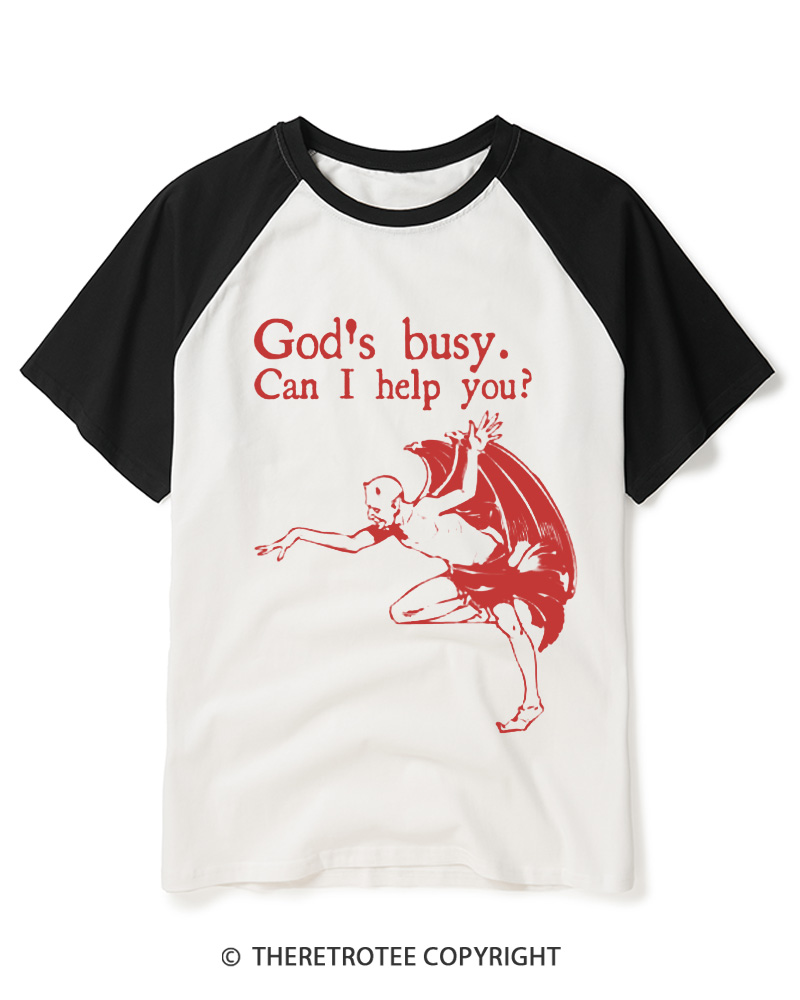 TheRetroTee God’s Busy 2000s Raglan Baseball T-Shirt