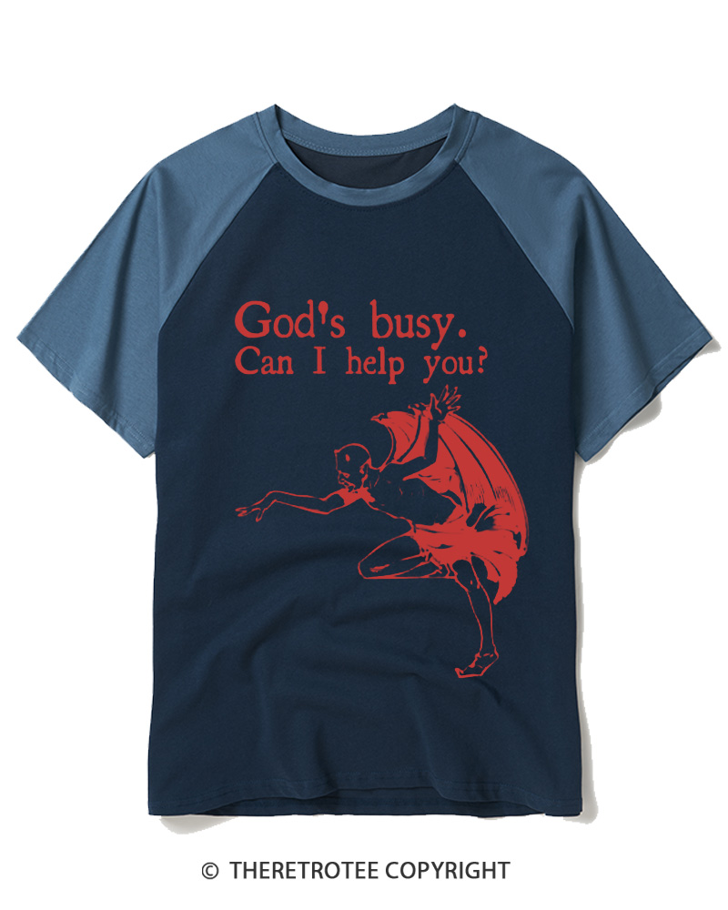 TheRetroTee God’s Busy 2000s Raglan Baseball T-Shirt