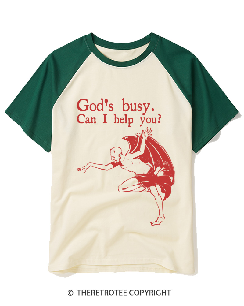 TheRetroTee God’s Busy 2000s Raglan Baseball T-Shirt