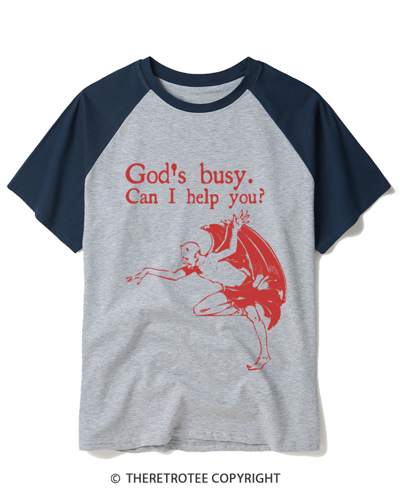 TheRetroTee God’s Busy 2000s Raglan Baseball T-Shirt
