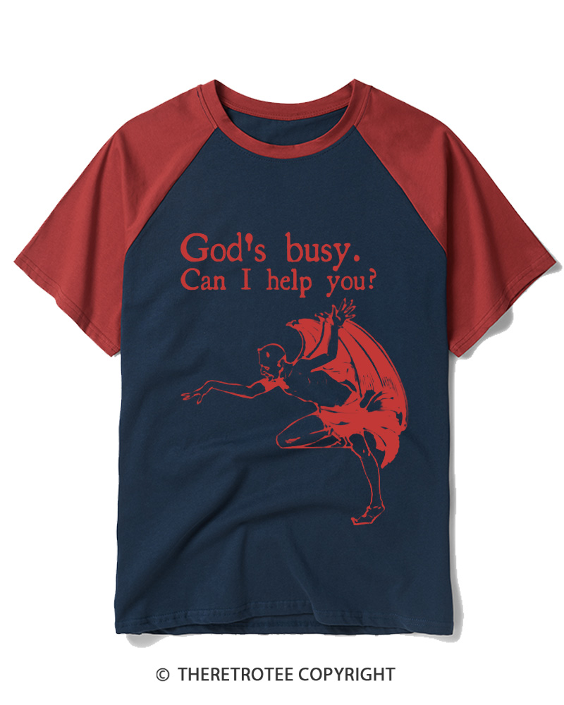 TheRetroTee God’s Busy 2000s Raglan Baseball T-Shirt