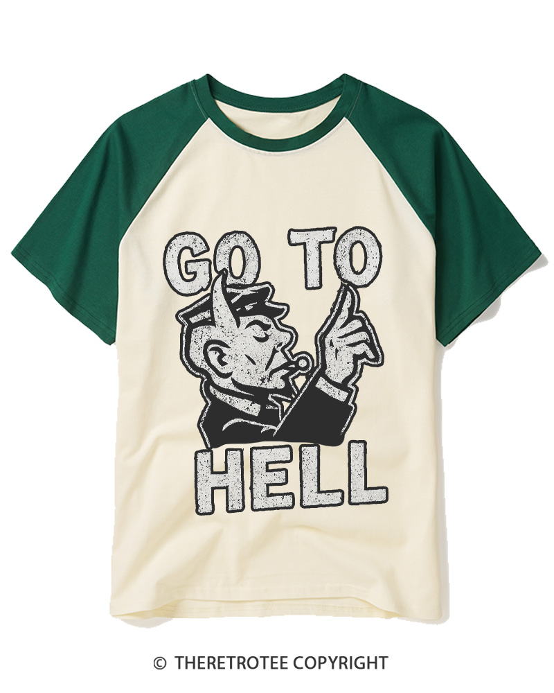 TheRetroTee Go To Hell 1950s Raglan Baseball T-Shirt