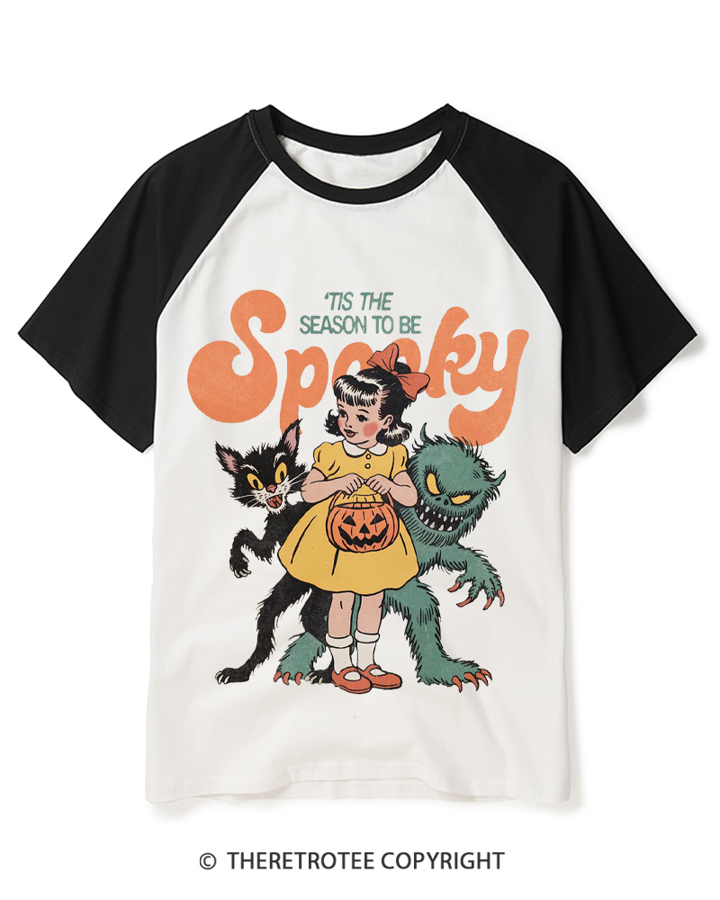 TheRetroTee Tis The Season To Be Spooky Halloween 1950s Halloween Raglan Baseball T-Shirt