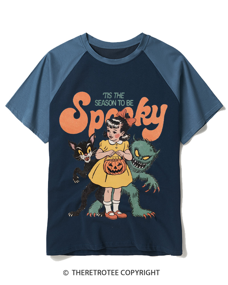 TheRetroTee Tis The Season To Be Spooky Halloween 1950s Halloween Raglan Baseball T-Shirt