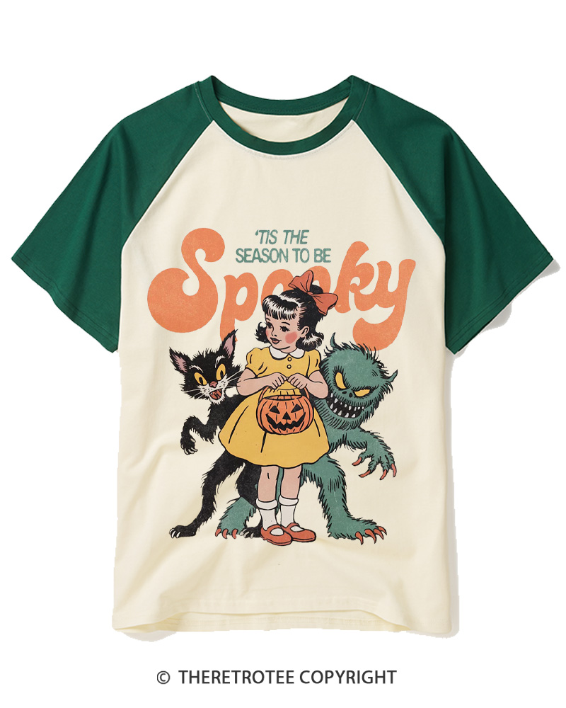 TheRetroTee Tis The Season To Be Spooky Halloween 1950s Halloween Raglan Baseball T-Shirt