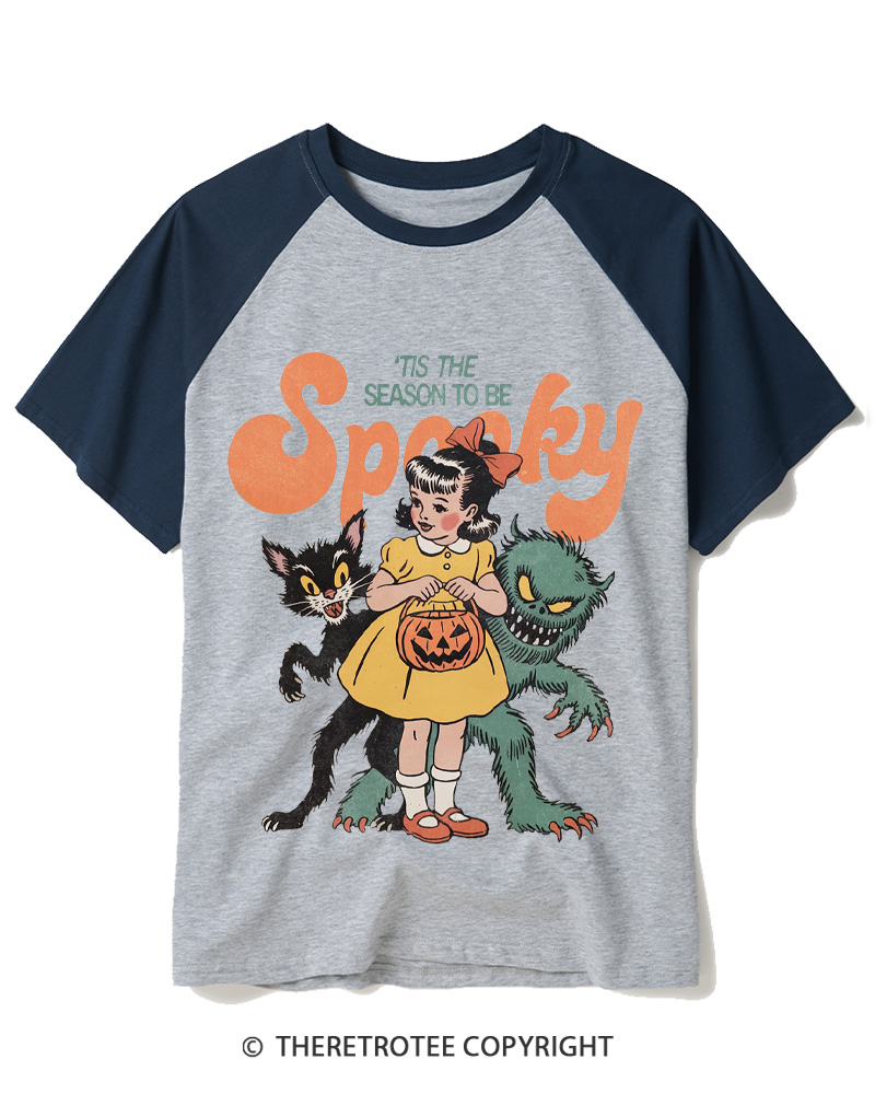 TheRetroTee Tis The Season To Be Spooky Halloween 1950s Halloween Raglan Baseball T-Shirt