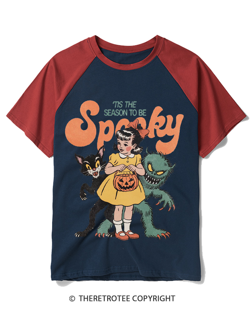 TheRetroTee Tis The Season To Be Spooky Halloween 1950s Halloween Raglan Baseball T-Shirt