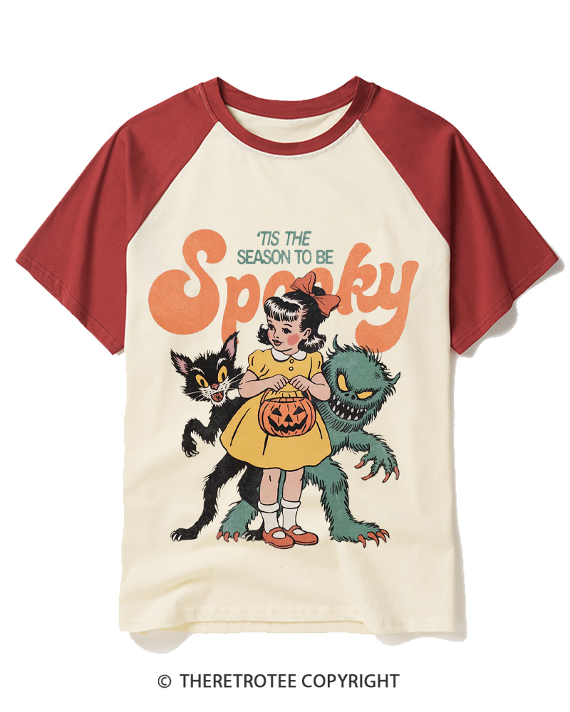 TheRetroTee Tis The Season To Be Spooky Halloween 1950s Halloween Raglan Baseball T-Shirt