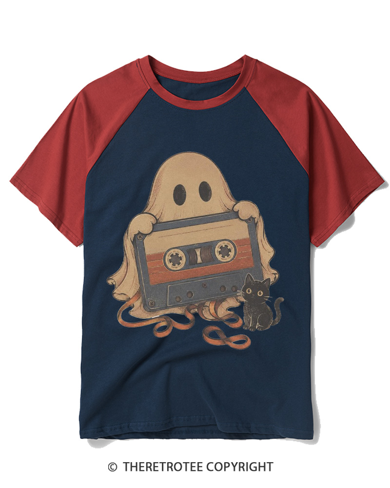 TheRetroTee Ghost Cassette Tape Halloween 1980s Halloween Raglan Baseball T-Shirt