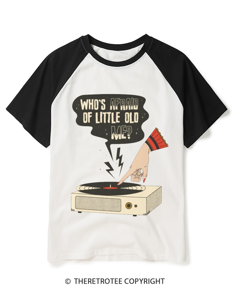 TheRetroTee Who's Afraid Of Little Old Me 1970s Halloween Raglan Baseball T-Shirt