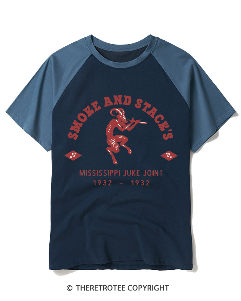 TheRetroTee Smoke & Stack's Juke Joint 1930s Raglan Baseball T-Shirt
