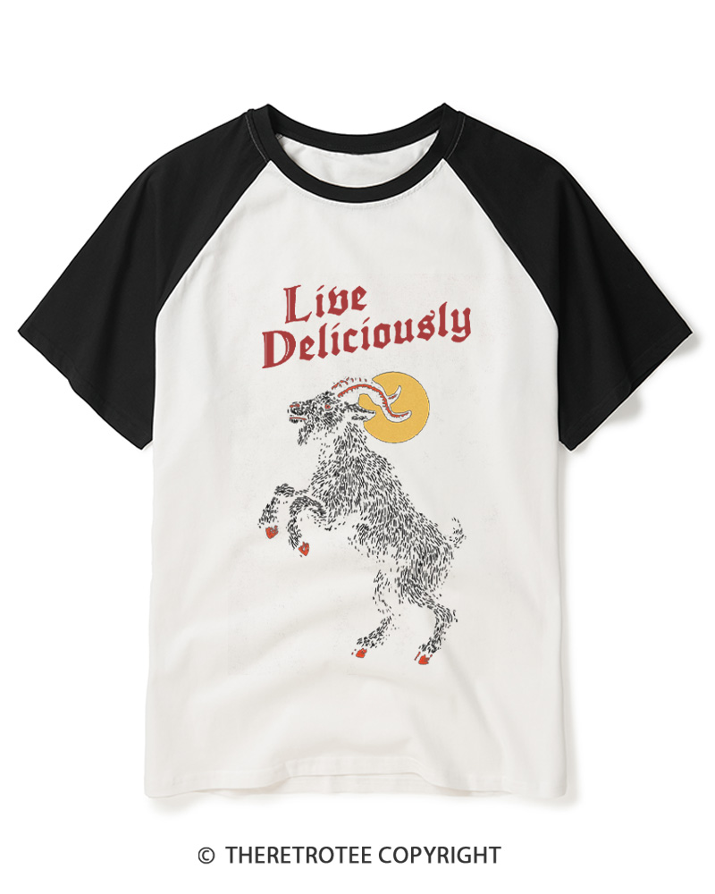 TheRetroTee Live Deliciously 1990s Raglan Baseball T-Shirt