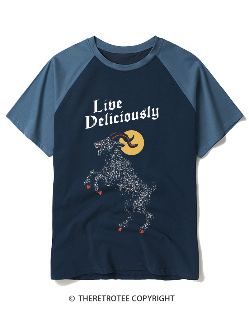 TheRetroTee Live Deliciously 1990s Raglan Baseball T-Shirt