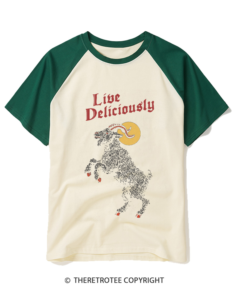 TheRetroTee Live Deliciously 1990s Raglan Baseball T-Shirt