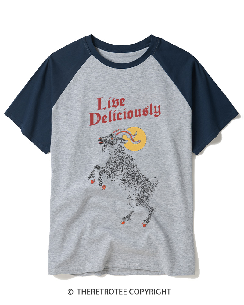TheRetroTee Live Deliciously 1990s Raglan Baseball T-Shirt