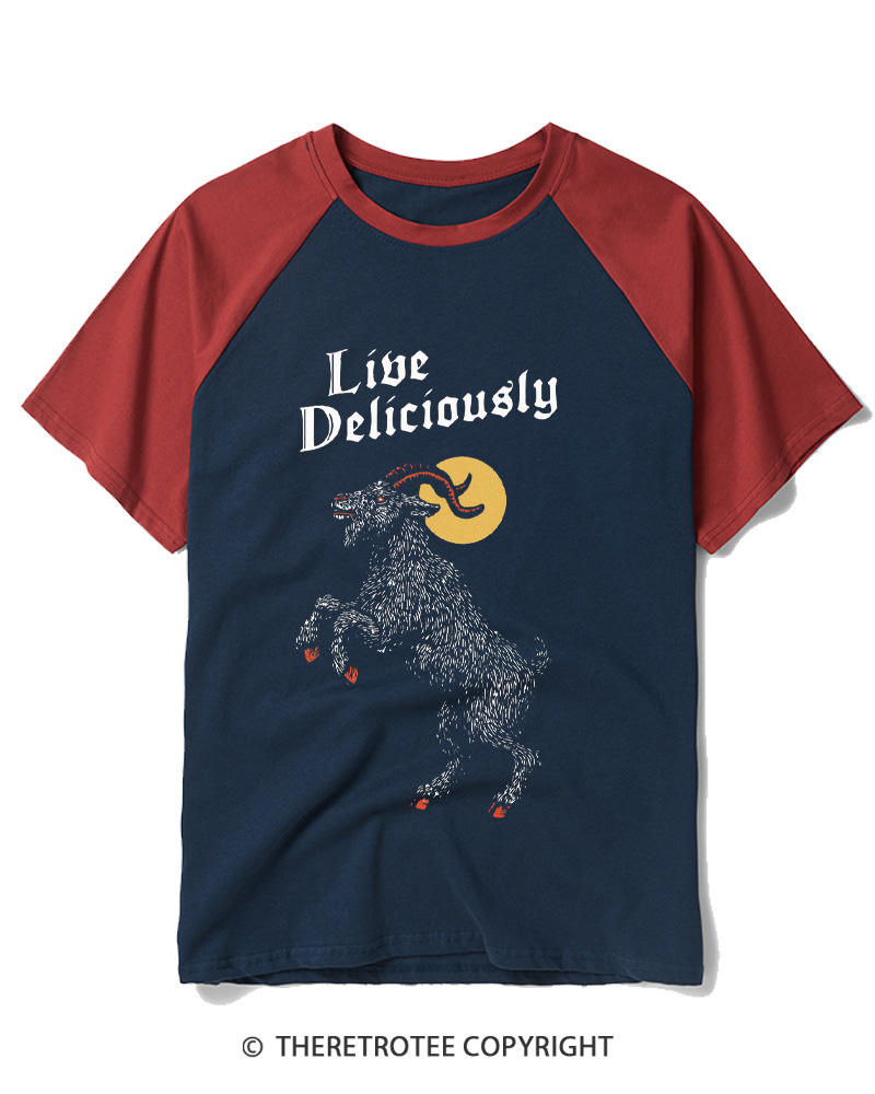 TheRetroTee Live Deliciously 1990s Raglan Baseball T-Shirt