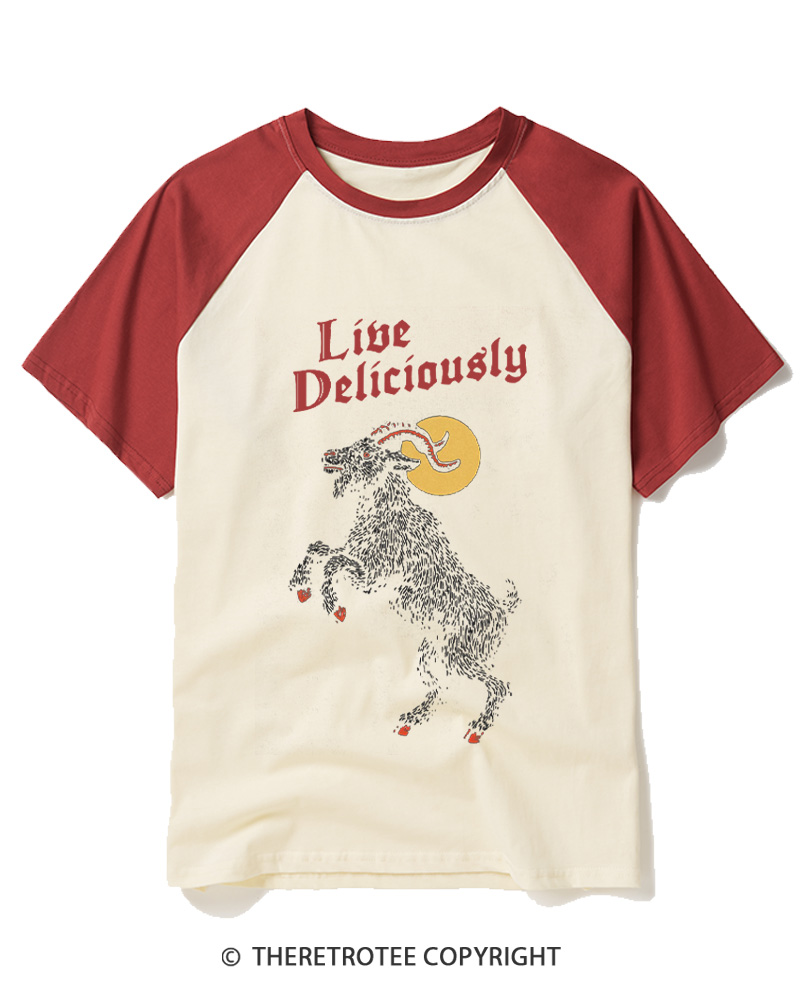 TheRetroTee Live Deliciously 1990s Raglan Baseball T-Shirt
