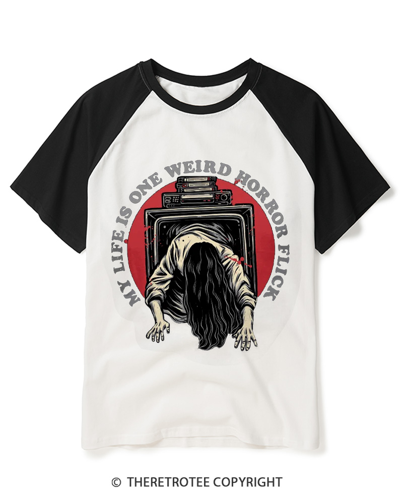 TheRetroTee My Life Is One Weird Horror Flick 1980s Raglan Baseball T-Shirt
