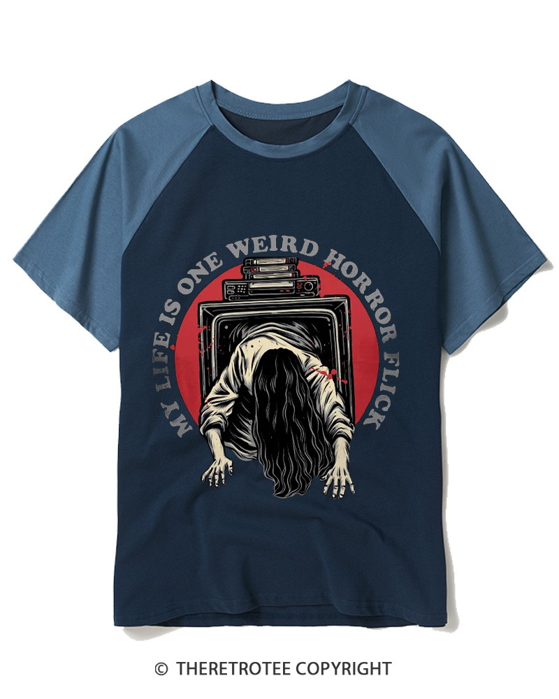 TheRetroTee My Life Is One Weird Horror Flick 1980s Raglan Baseball T-Shirt