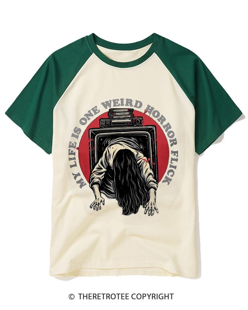 TheRetroTee My Life Is One Weird Horror Flick 1980s Raglan Baseball T-Shirt