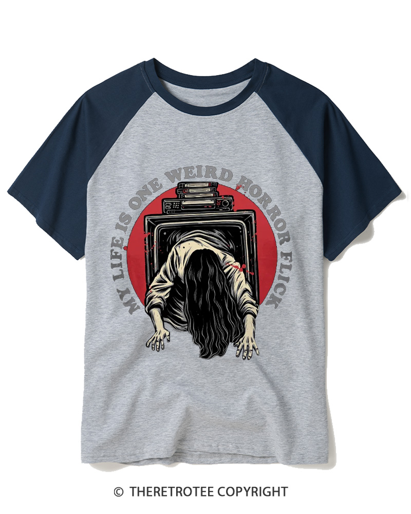 TheRetroTee My Life Is One Weird Horror Flick 1980s Raglan Baseball T-Shirt