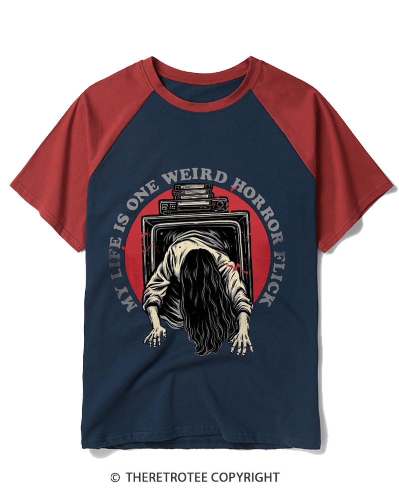 TheRetroTee My Life Is One Weird Horror Flick 1980s Raglan Baseball T-Shirt