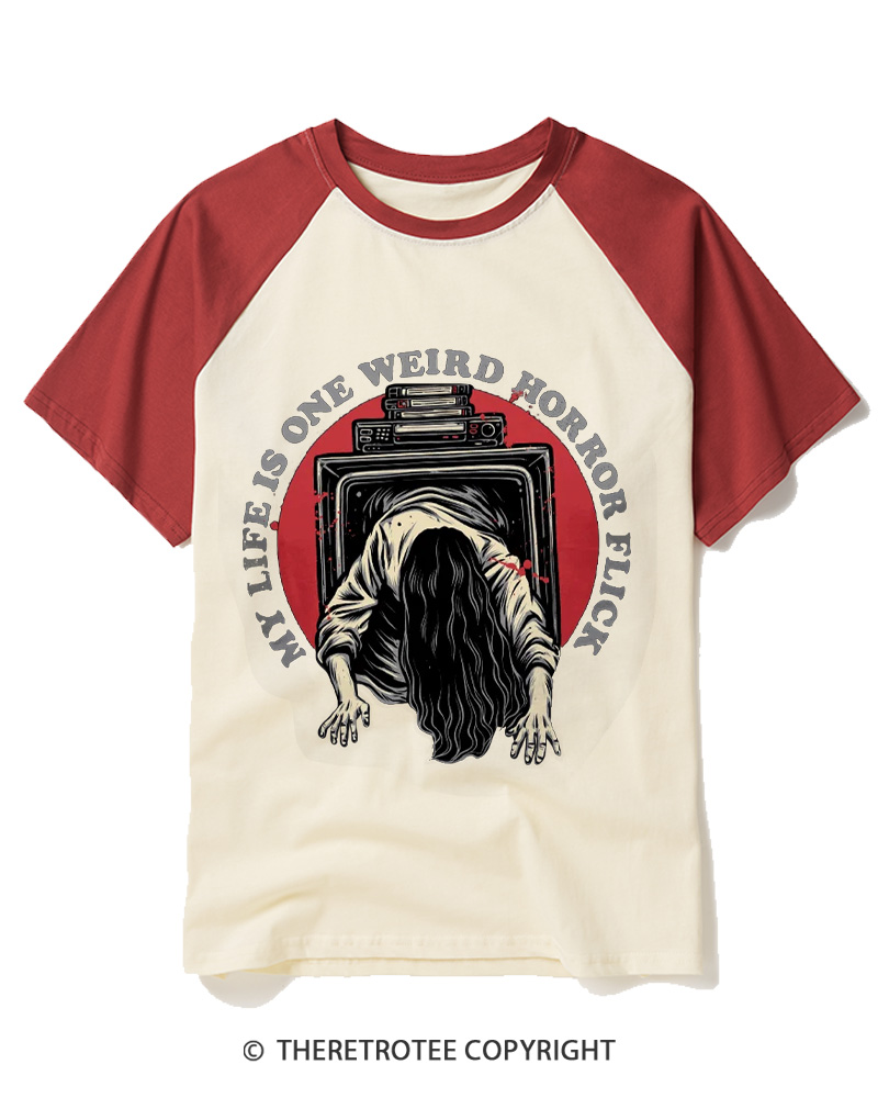 TheRetroTee My Life Is One Weird Horror Flick 1980s Raglan Baseball T-Shirt