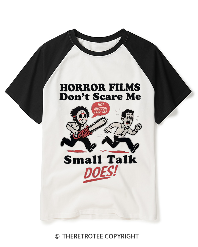 TheRetroTee Horror Small Talk 1980s Raglan Baseball T-Shirt