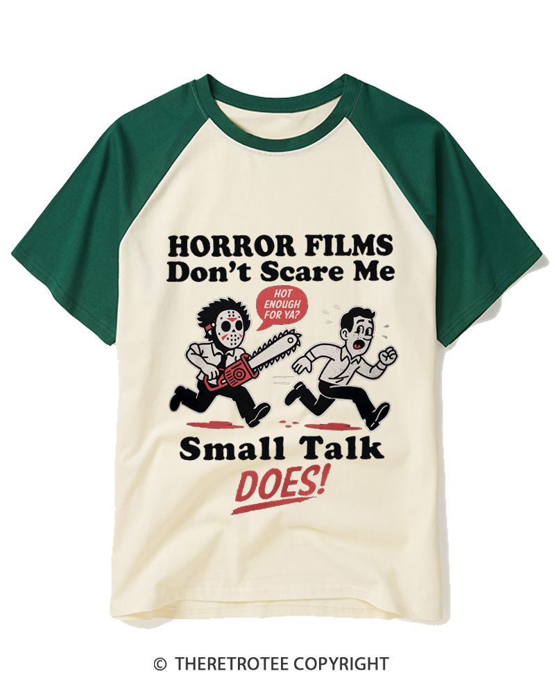 TheRetroTee Horror Small Talk 1980s Raglan Baseball T-Shirt