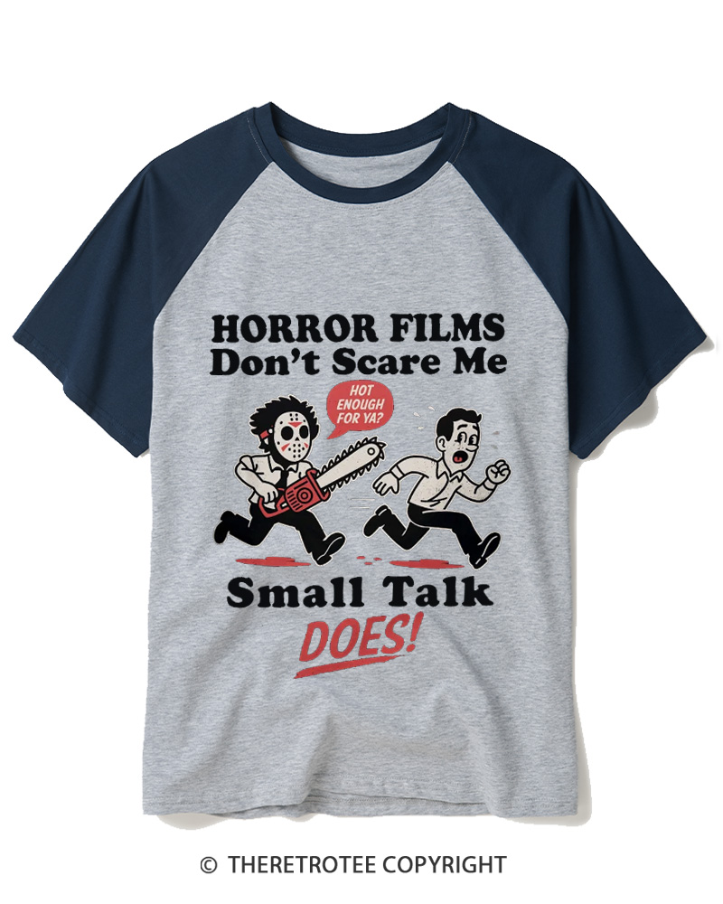 TheRetroTee Horror Small Talk 1980s Raglan Baseball T-Shirt