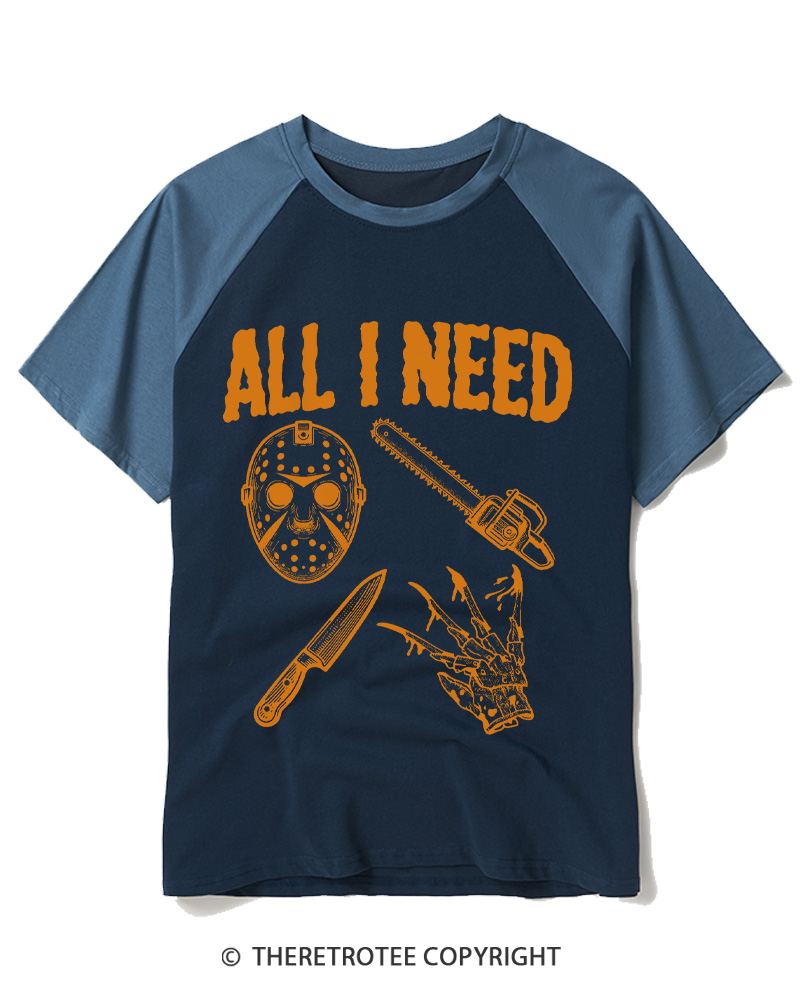 TheRetroTee All I Need Halloween 1980s Raglan Baseball T-Shirt