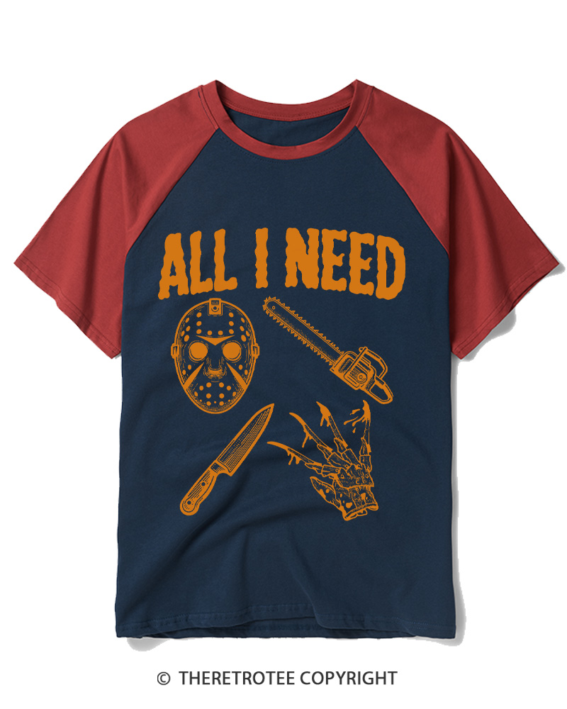 TheRetroTee All I Need Halloween 1980s Raglan Baseball T-Shirt