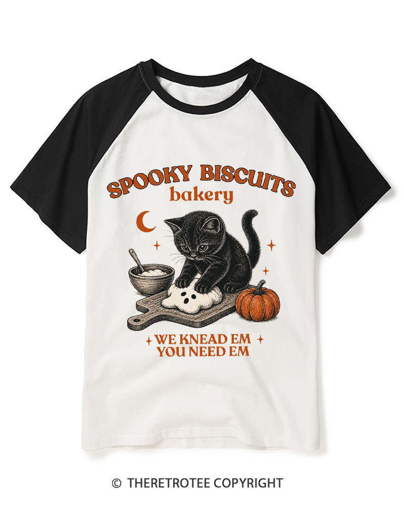 TheRetroTee Spooky Biscuits Bakery 1970s Raglan Baseball T-Shirt