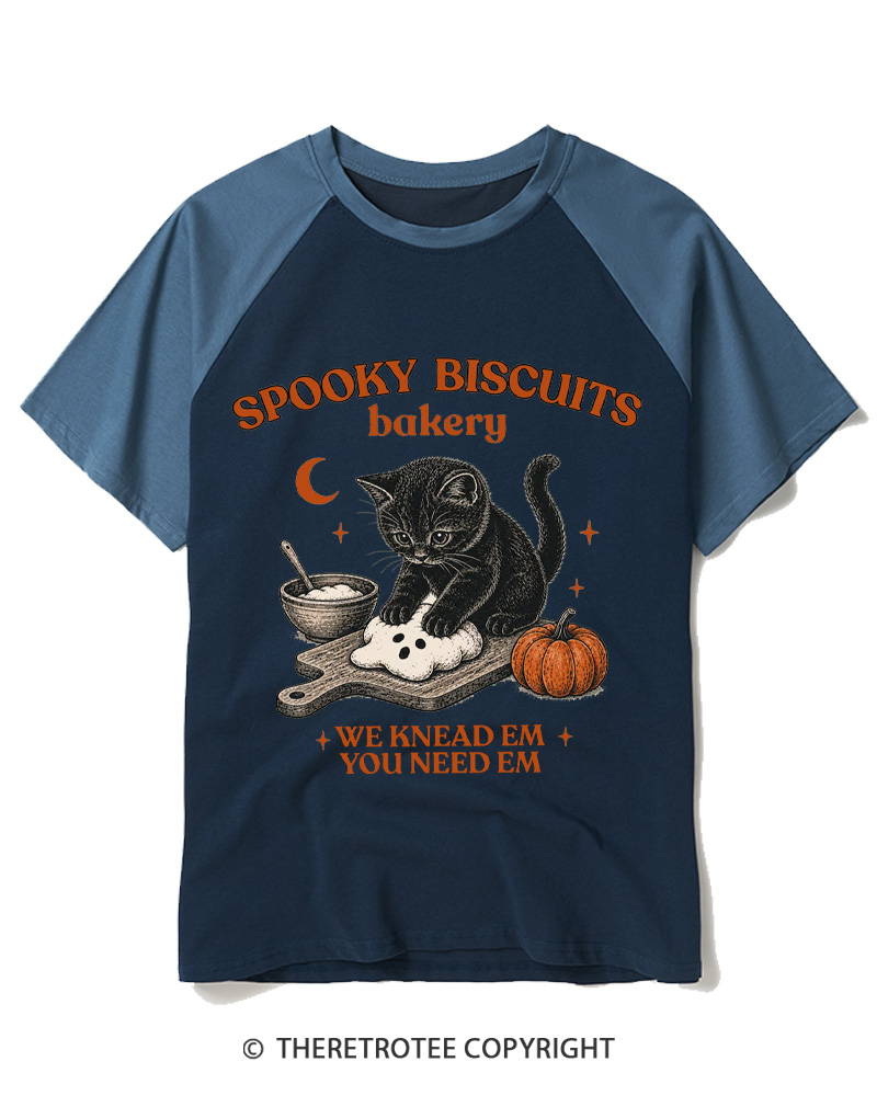 TheRetroTee Spooky Biscuits Bakery 1970s Raglan Baseball T-Shirt
